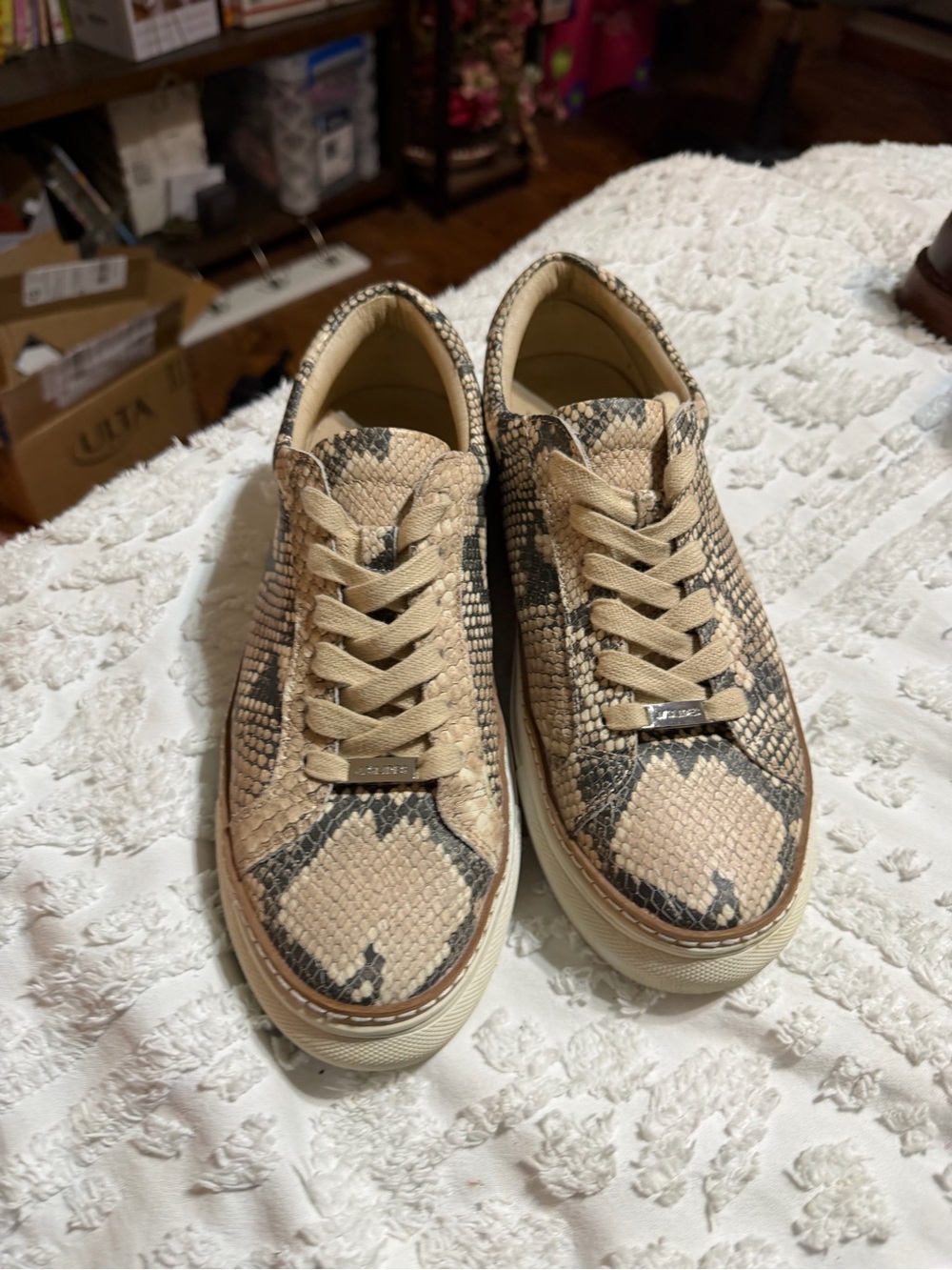 J Slides Snake-Print Sneakers in Beige and Black, women’s 8.5